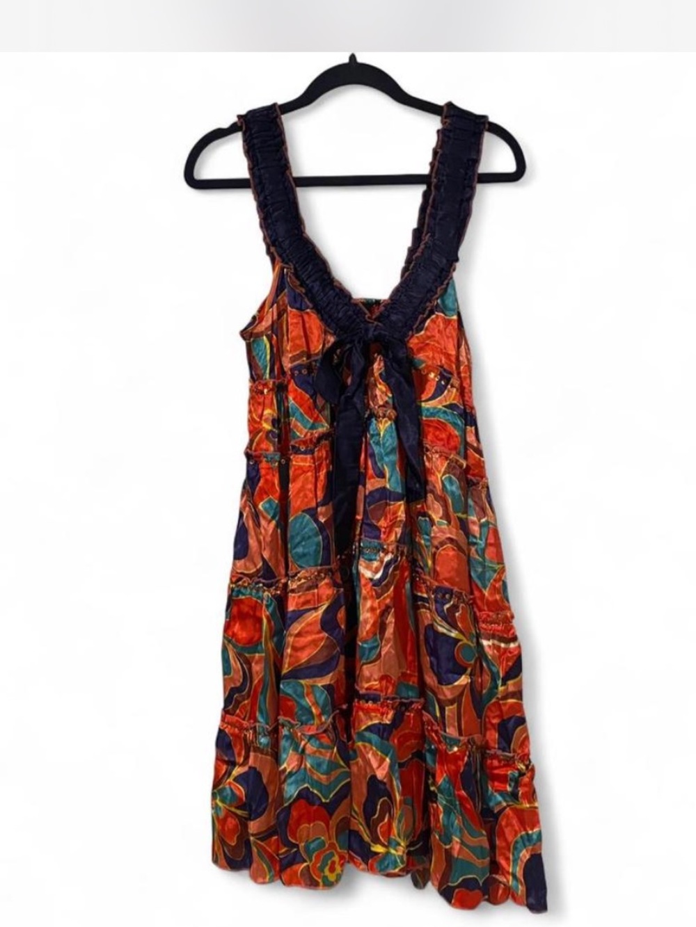 Angie Multicolor Abstract Print Summer Dress with Navy Trim